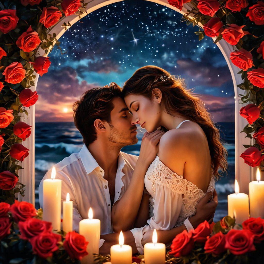 A passionate couple embracing under a starlit sky, surrounded by soft roses and warm, glowing candles, symbolizing intimacy and love. Their expressions reflect deep connection and longing, with gentle waves crashing in the background, creating a serene atmosphere. Emphasize vibrant colors and ethereal lighting to evoke strong emotions. surrealistic. rich textures. enchanting.